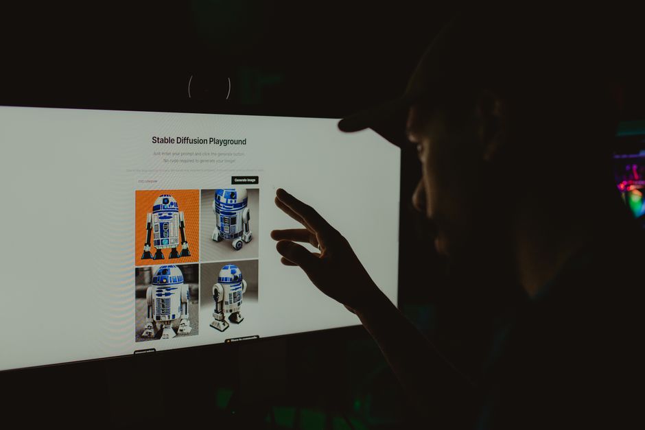 Person interacts with robot images on a screen in a dark room, highlighting technology use.