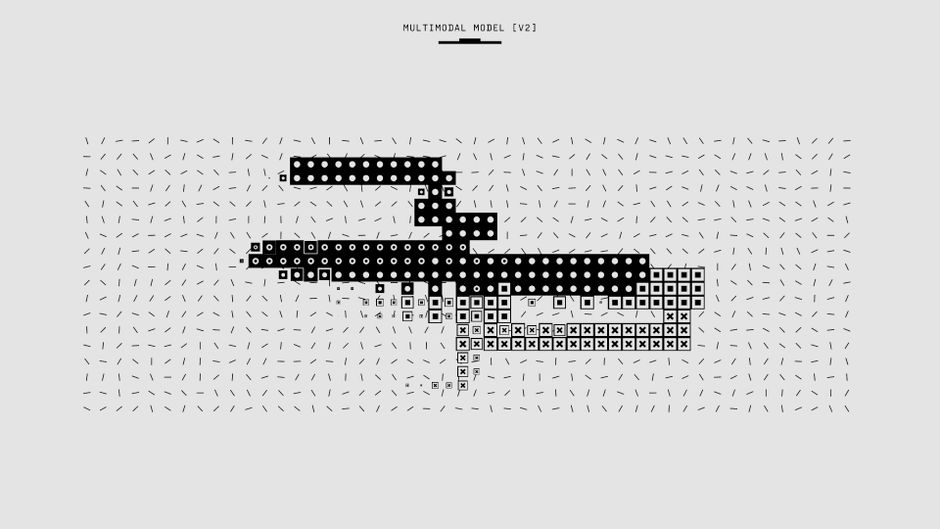 Black and white abstract representation of a multimodal model version two, featuring geometric patterns and lines.