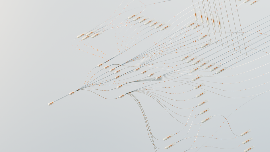 Abstract illustration depicting complex digital neural networks and data flow.