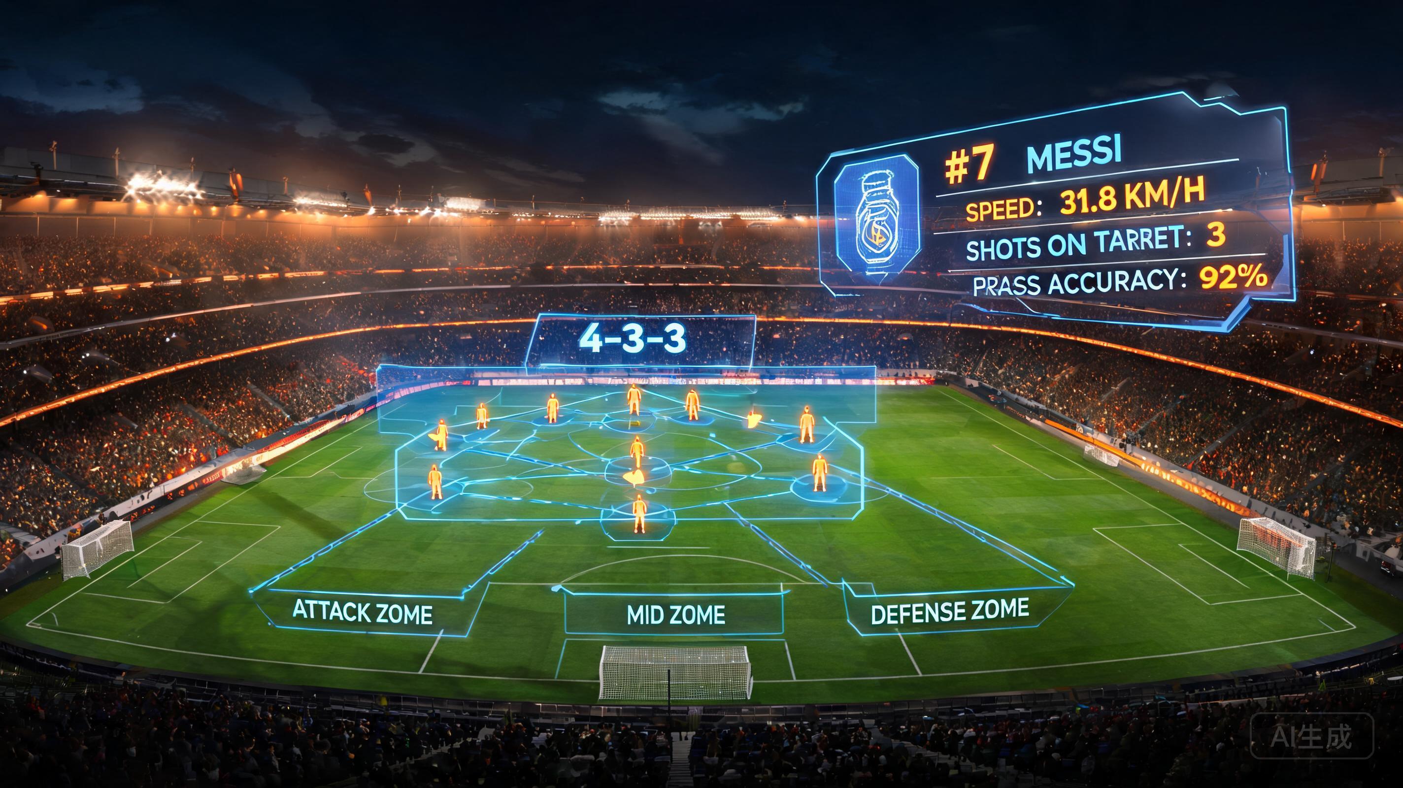 Soccer field with futuristic holographic data overlays โ AI generated via Seedream