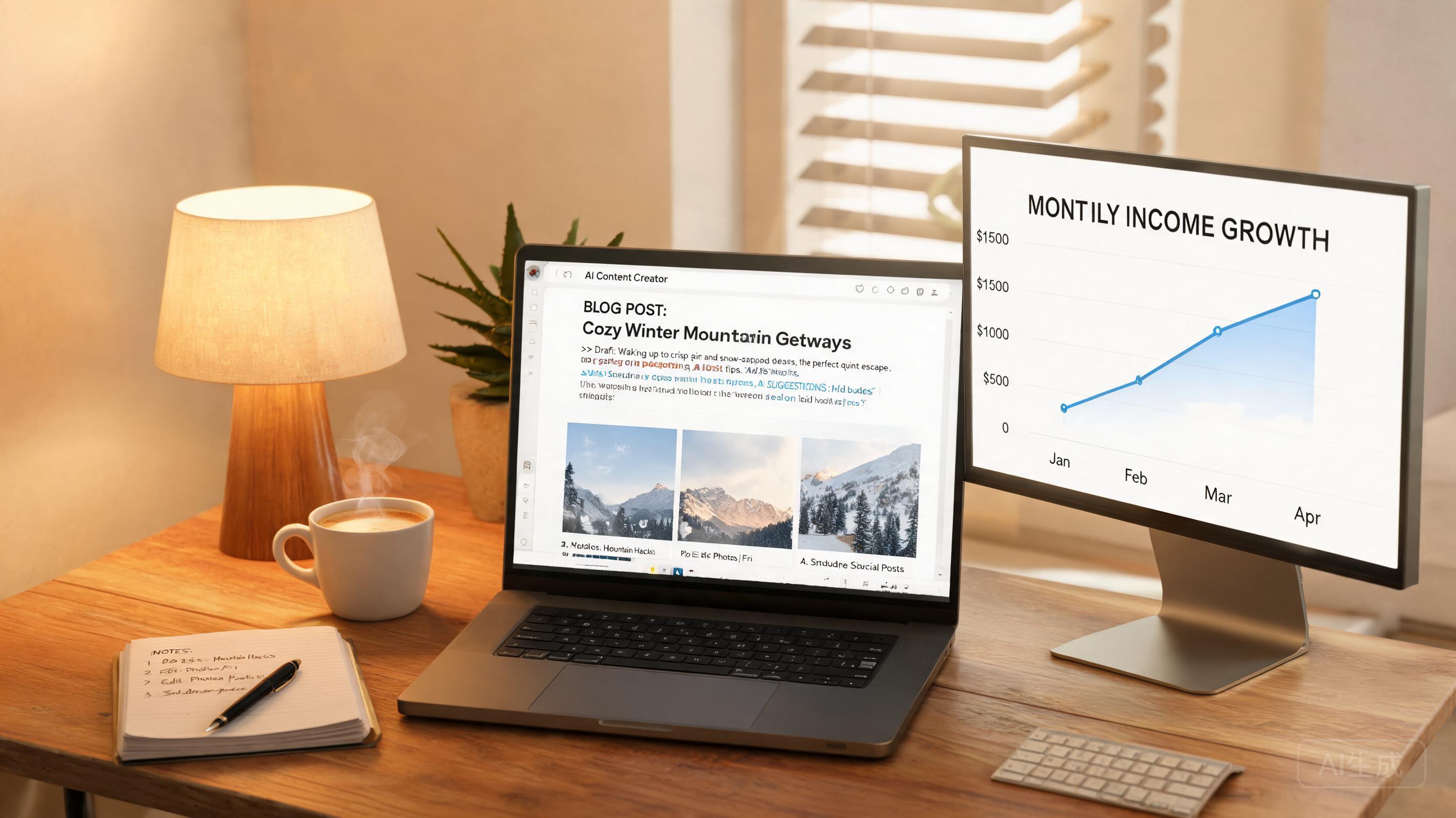 Modern home office with laptop showing AI content creation, coffee and notebook on desk — AI generated via Seedream