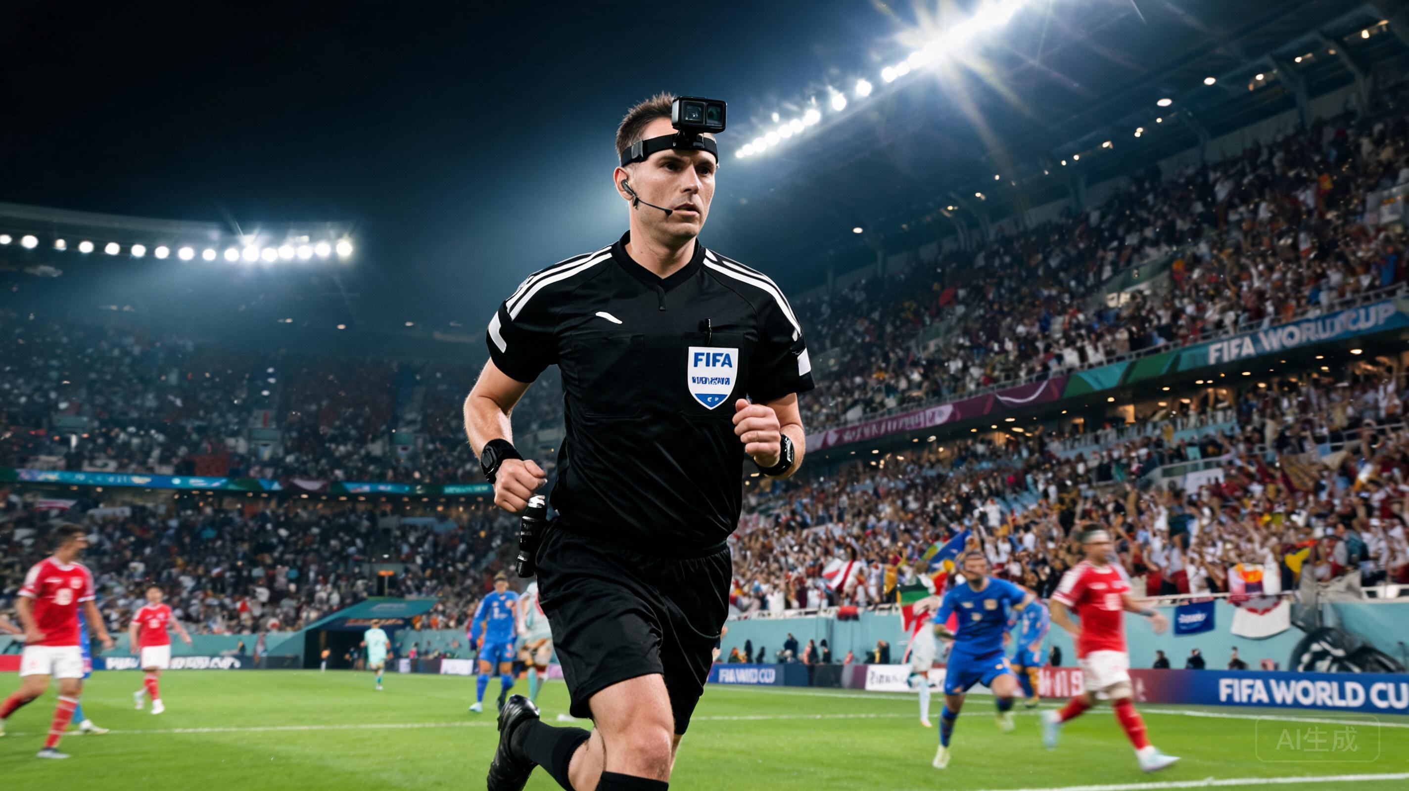 Referee wearing head-mounted camera during World Cup match โ AI generated via Seedream
