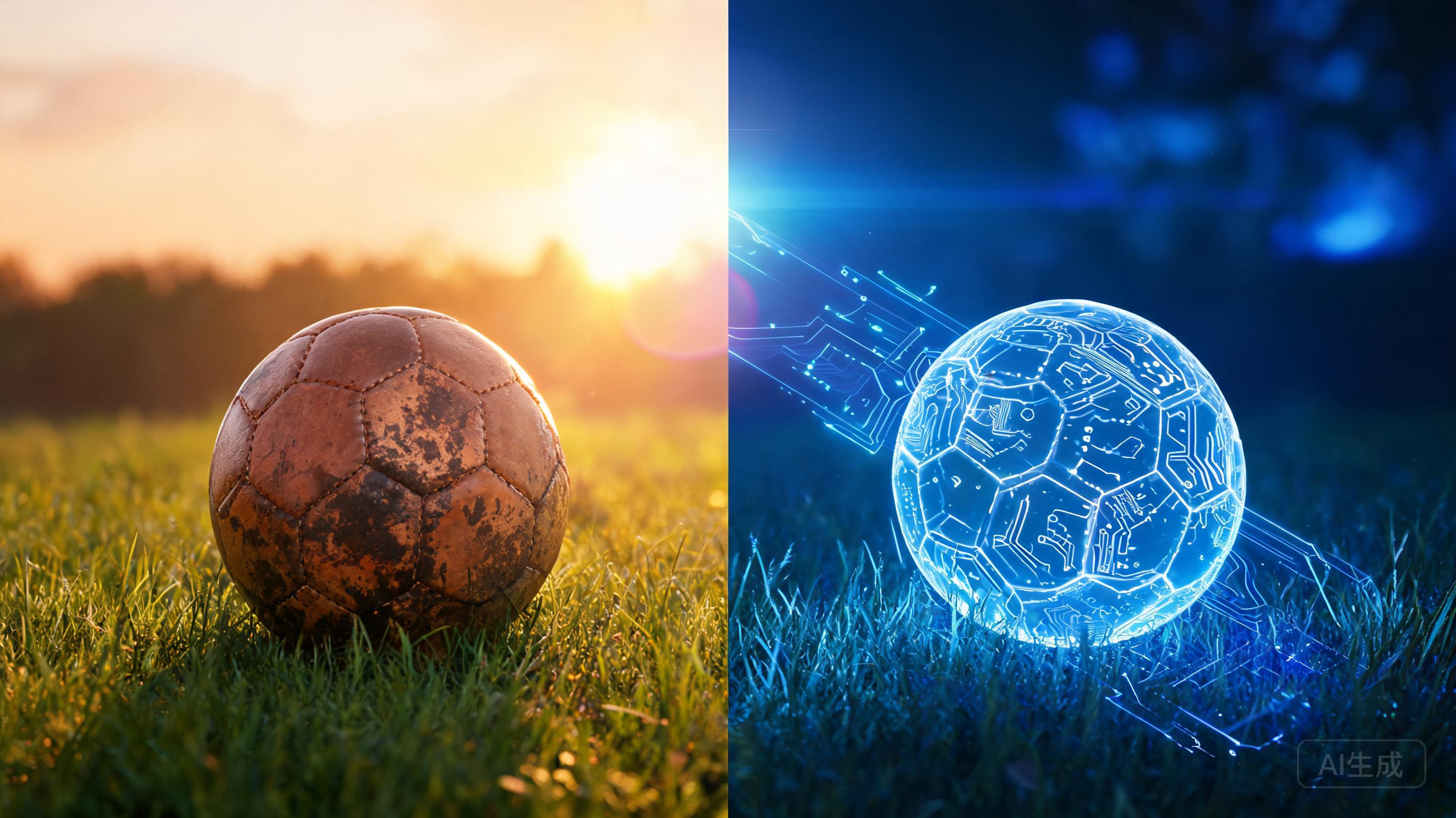 Split-scene: traditional leather soccer ball vs futuristic holographic circuit ball — the clash of old and new football, AI generated via Seedream